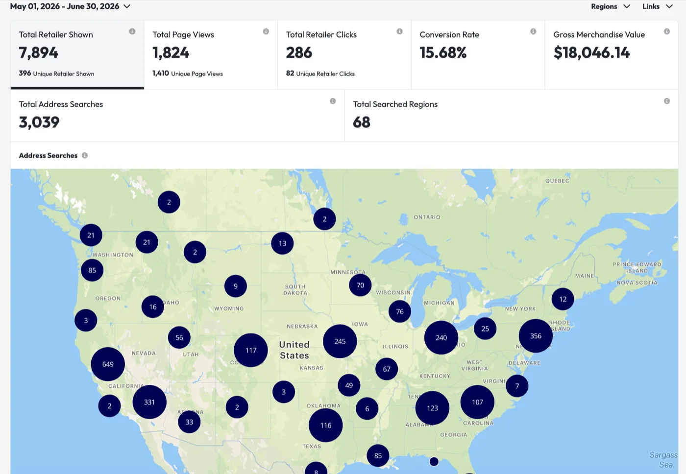 Website where-to-buy page — $18,046.14 gross merchandise value