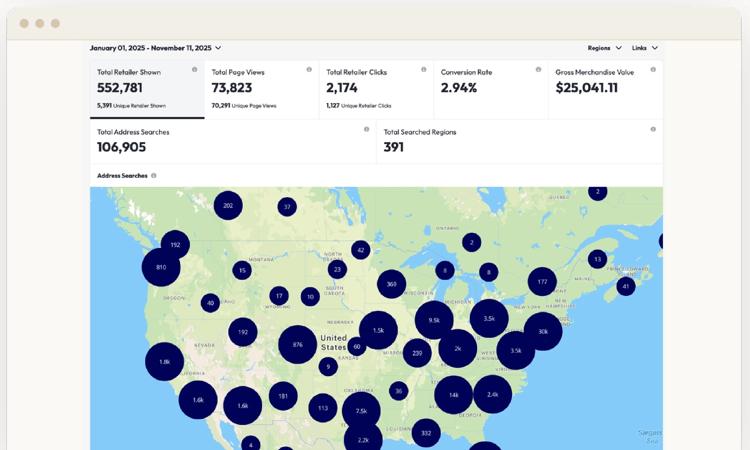 Live Pour Now producer dashboard: retailer impressions, page views, retailer clicks, conversion rate and GMV, with address searches mapped across the United States
